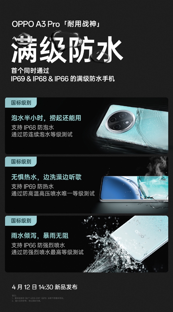 OPPO A3 Pro明天發(fā)布！業(yè)內首款防熱水、防泡水、防強烈噴水手機
