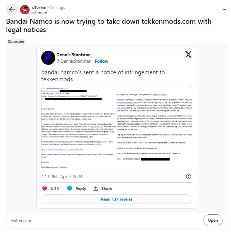 萬代南夢宮向《鐵拳》Mod網站發(fā)出侵權警告 要求刪除Mod