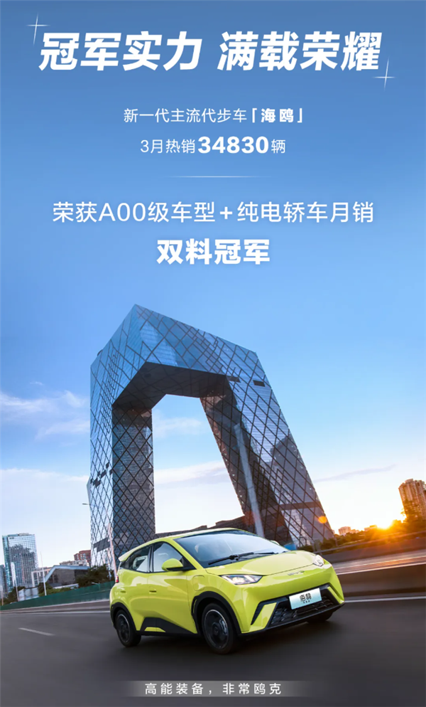 代步神車成了！比亞迪海鷗奪A00級車型+純電轎車月銷冠軍