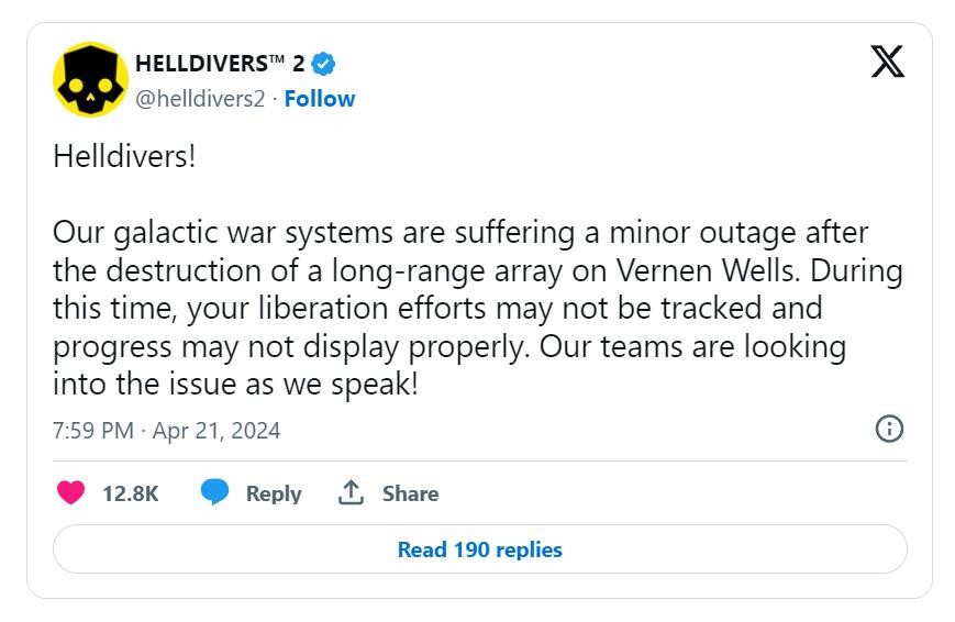 《絕地潛兵2》開發(fā)商正在“調查”其進度跟蹤問題