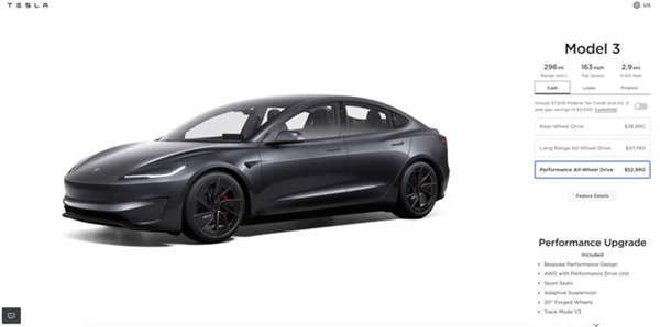 52990美元起！特斯拉發(fā)布新款Model 3高性能版：車速超過保時(shí)捷911