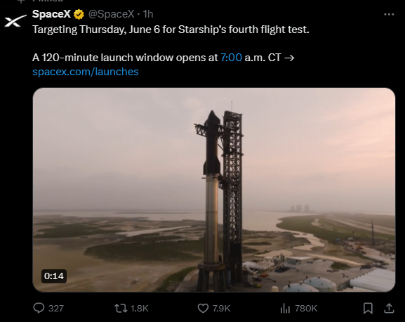 人類史上強火箭！馬斯克SpaceX宣布星艦明晚第4次試飛