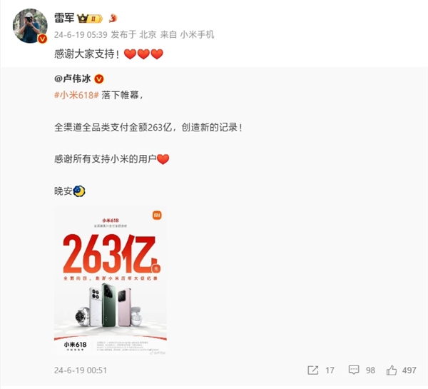 刷新歷年記錄 小米618銷售額破263億！雷軍感謝大家支持