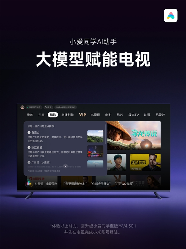 小米電視小愛同學升級大模型版！1GB以上內存都能用：支持影視問答等