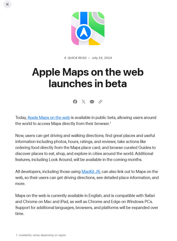 蘋果推出Apple Maps網(wǎng)頁版地圖：兼容Win PC Chrome、Edge瀏覽器