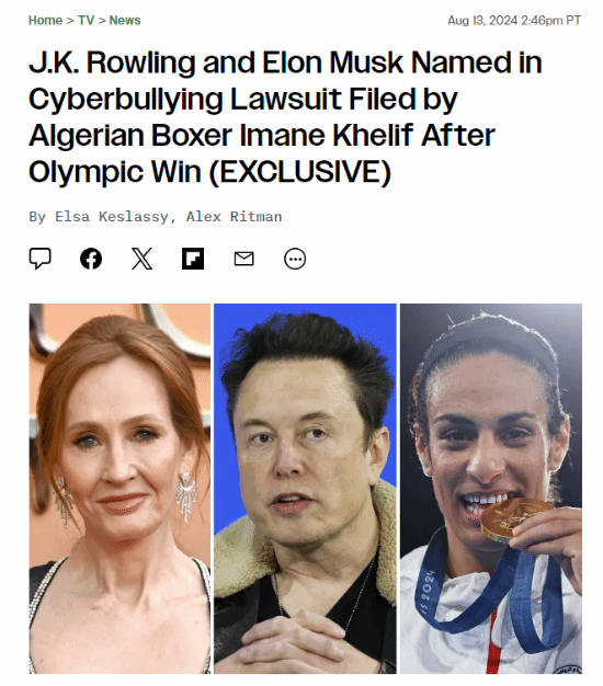 拿下奧運(yùn)會(huì)金牌！性別爭(zhēng)議拳手起訴馬斯克、JK羅琳：開(kāi)始打擊網(wǎng)絡(luò)暴力