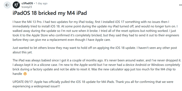 蘋(píng)果iPadOS 18更新翻車！M4版iPad Pro升級(jí)黑屏變磚