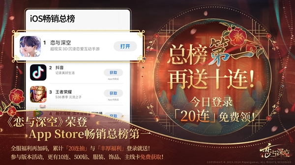 乙女手游《戀與深空》登頂蘋(píng)果App Store暢銷(xiāo)榜：超越抖音、《王者榮耀》