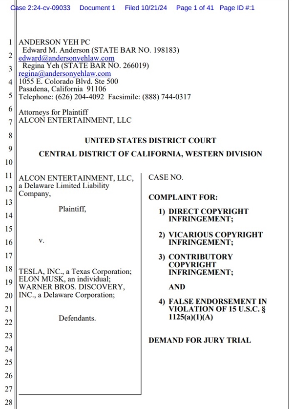 銀翼殺手制作公司起訴馬斯克與華納