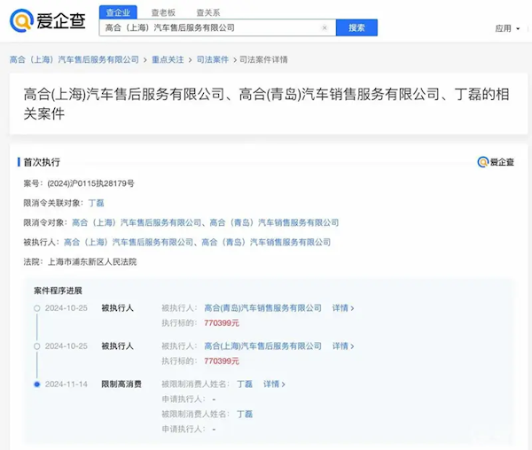 高合汽車創(chuàng)始人丁磊被限高消費：涉案公司強執(zhí)金額超77萬元