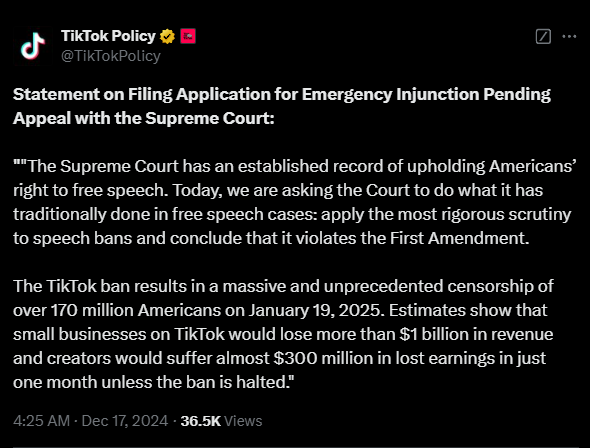 不賣就禁！TikTok請求美國高法院阻止2025年1月生效的禁令