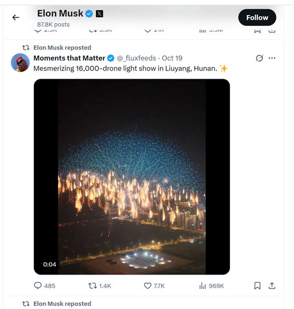 瀏陽無人機(jī)煙花秀破世界記錄 馬斯克轉(zhuǎn)發(fā)相關(guān)視頻